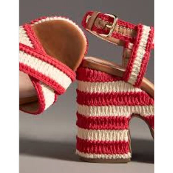 Anthropologie Vicenza Crochet Platform Heels Red Ivory Chunky Platform 41 - Picture 3 of 3